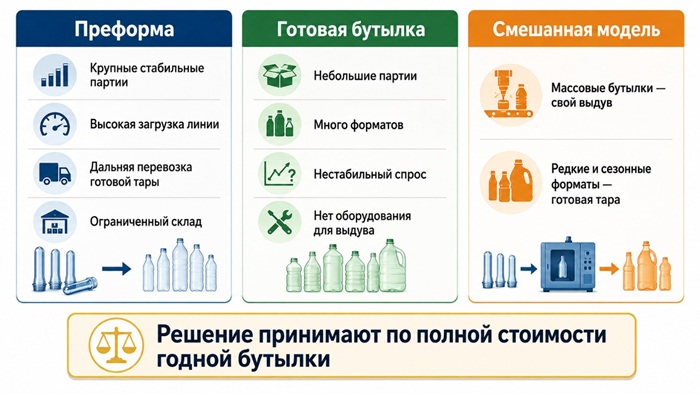 Оптимальная схема закупки зависит от объема выпуска, ассортимента, логистики, загрузки оборудования и полной себестоимости упаковки.
