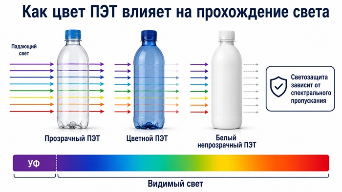 Светозащита определяется не визуальной темнотой бутылки, а спектральным пропусканием материала на критичных для продукта длинах волн.