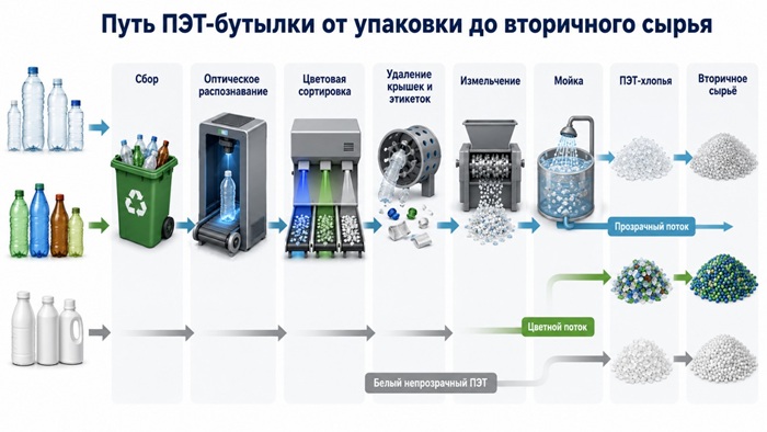Перерабатываемость ПЭТ зависит от всей конструкции упаковки: цвета корпуса, красителя, этикетки, клея, крышки и возможностей конкретной сортировочной инфраструктуры