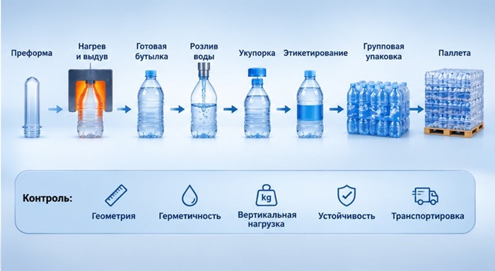 ПЭТ-бутылку проверяют на всех этапах — от выдува и розлива до групповой упаковки, паллетирования и перевозки